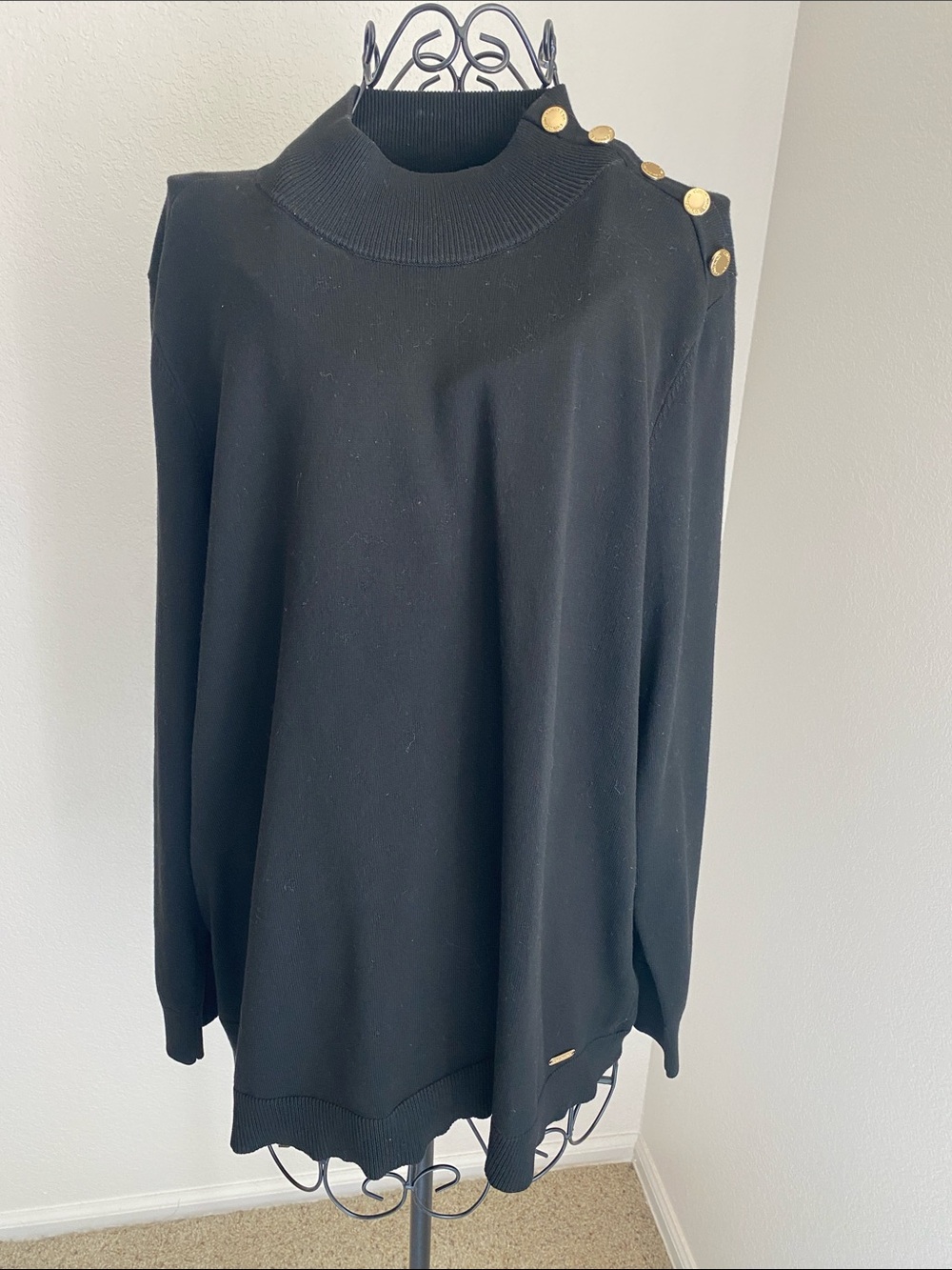 Calvin Klein Black Mock Neck Sweater with Gold Button Detail